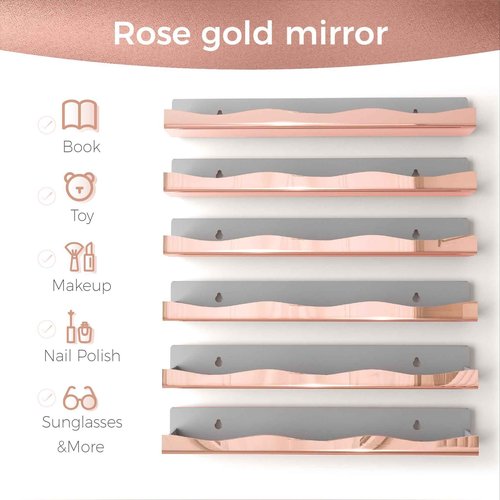 Wall-Mounted Nail Polish Organizer Rack - 15-Inch Rose Gold Mirror Finish Nail Polish Shelf, Makeup & Beauty Essentials Storage - Multi-Purpose Display Holder for Small Space, Vanity Bathroom, 6 Pack
