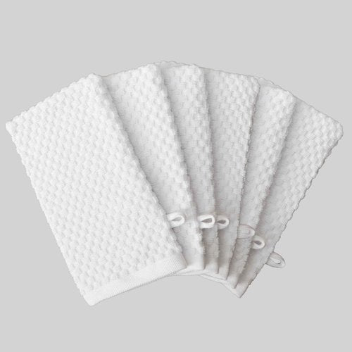 COTTON CRAFT Bath Mitt - Exfoliating Glove - Set of 6 Euro Spa Waffle Weave Towel Mitts - 100% Cotton Body Shower Glove Washcloth with Hanging Loop - Sensitive Skin Friendly - Large 5.5x10 - White