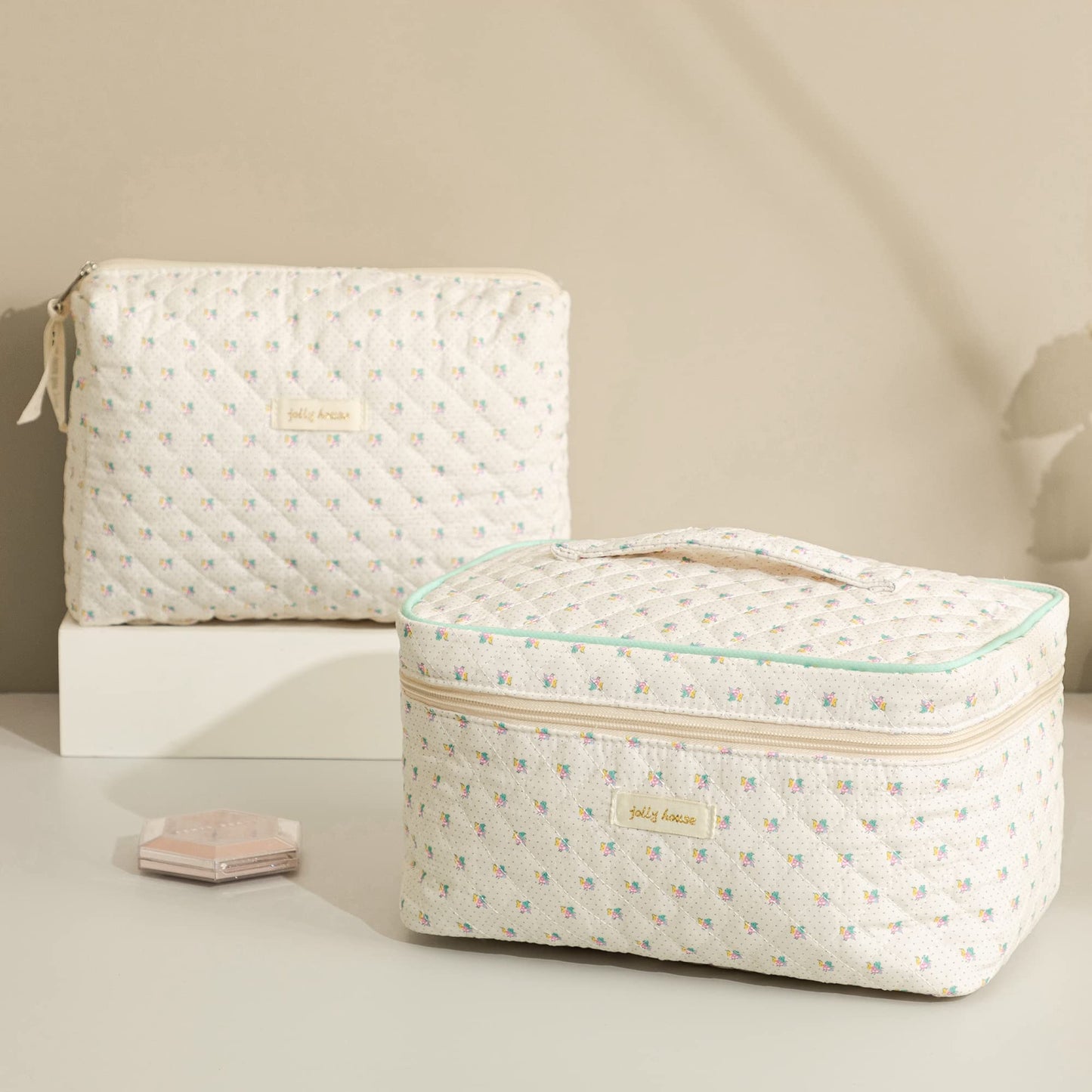 HBselect 2Pcs Cotton Quilted Makeup Bag Coquette Makeup Bag Large Travel Cosmetic Bag Aesthetic Cute Kawaii Floral Makeup Bag Toiletry Bags for Women Girls