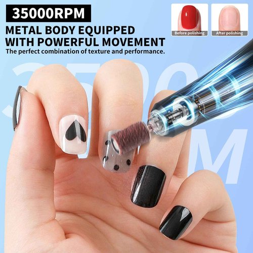 Moskany Professional Electric Nail Drill Kit 35000RPM with 14PCS Bits White Portable Rechargeable Cordless File Machine for Acrylic Gel Powder Nails and Manicure Pedicure Toenail Tool Salon Set