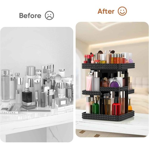 DALEMKY 360 Rotating Makeup Organizer - Black Acrylic Makeup Storage for Vanity, Cosmetic Organizer with Lotion and Perfume Holder for Dresser