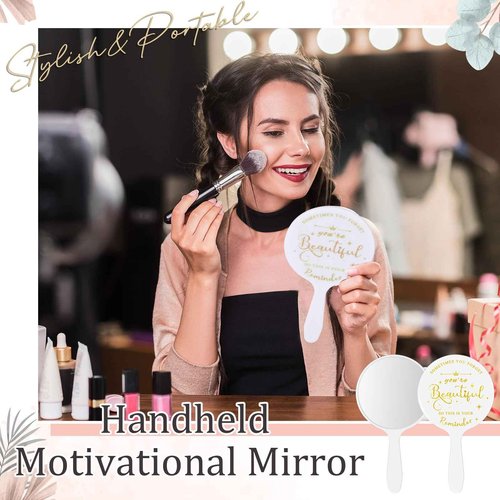 Threehoney 60 Pcs Small Handheld Mirror Bulk Inspirational Compact Portable Travel Makeup 3.94 x 2.16 Inch Mini Round Mirror with Handle Employee Appreciation Gifts for Women Coworker Friend(White)