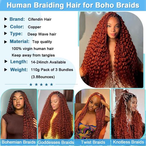 CIFENDIN Human Braiding Hair For Boho Braids 110g Deep Wave Bulk Human Hair for Braiding Knotless 12A 100% Brazilian Virgin Hair Extensions Bulk Bohemian 3 Bundles Color Copper 14 Inch