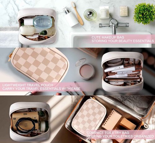 HFLZBRO Travel Makeup Bag Cosmetic Bag for Women,Small Makeup Organizer Bag,Cute & Waterproof Vegan Leather Makeup Case with Multiple Compartments,Toiletry Bag for Cosmetics (BROWN)