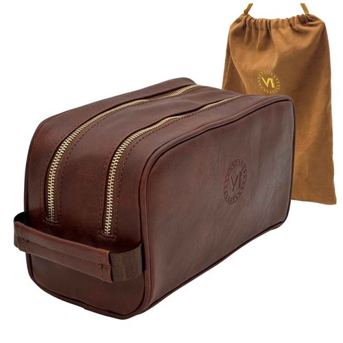VI PRESTIGE Dopp Gift Travel Toiletry Bag Premium Quality Large Capacity 2-compartments YKK zippers Water-resistant Bottom studs Mesh pockets Durable Cosmetic Organizer Unisex DARK BROWN