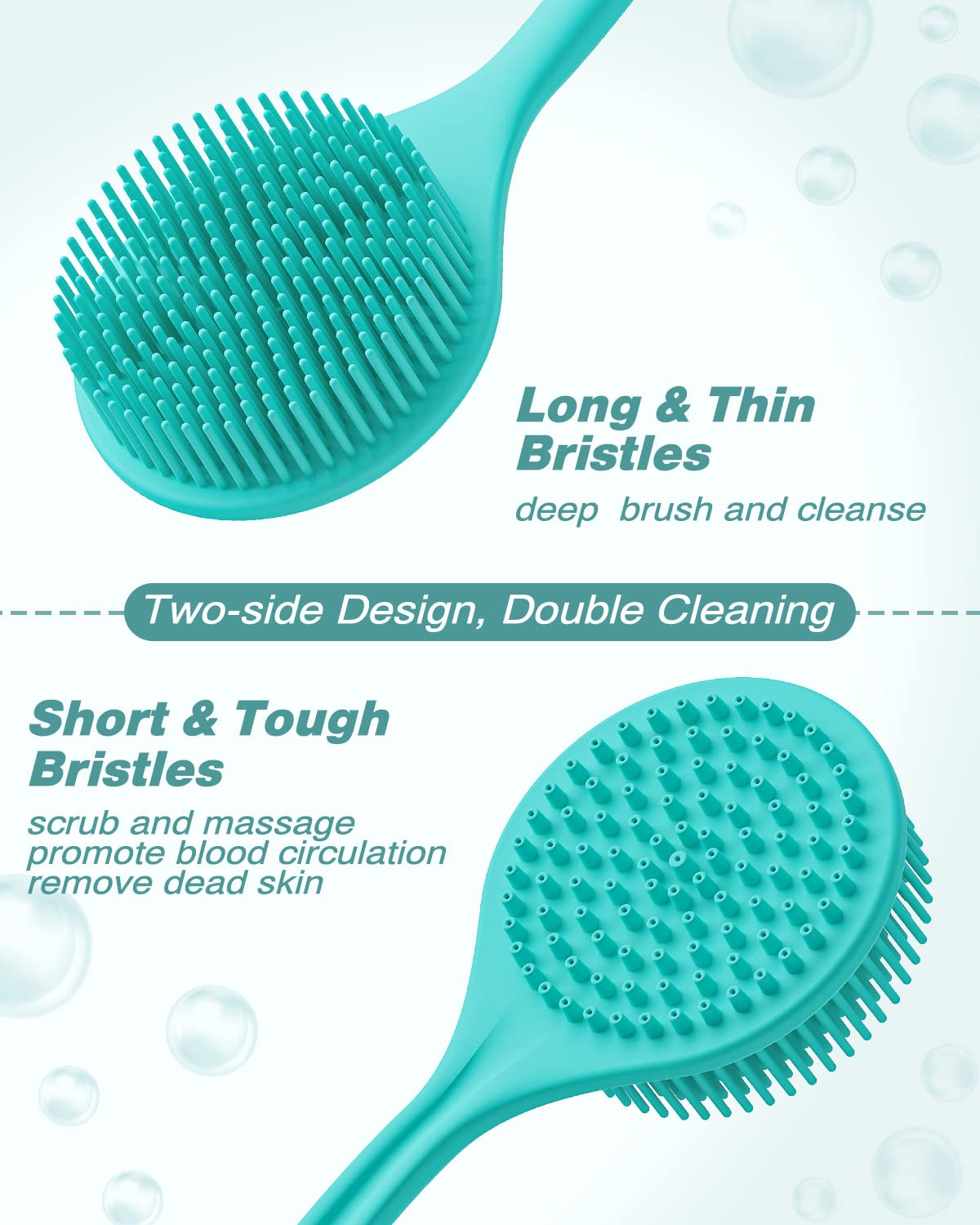 Manmihealth Silicone Back Scrubber for Shower 2 Pcs(Thick+Thin Bristles), 15'' Long Handle Body Scrubber, Light & Easy-to-Hold Shower Brush for Skin Exfoliating and Massaging with a Free Hook (Blue*2)