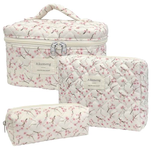 3 Piece Floral Quilted Makeup Bag, Large Capacity Travel Cosmetic Bag for Women and Girls, Aesthetic Storage for Daily and Travel Use (3pcs-peachblossom)