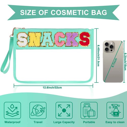 Snack Bag for Travel - Clear Chenille Varsity Letter Flat Pouch with Zipper, Waterproof Clear PVC&PU Preppy Patch Makeup Cosmetic tote Bags for Women (Green-Snacks)