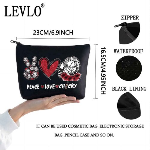LEVLO Horror Movie Cosmetic Bag Horror Bride Fans Gifts Peace Love Movie Makeup Zipper Pouch Bag For Andy & Mike Fans (Peace Chuc Black)