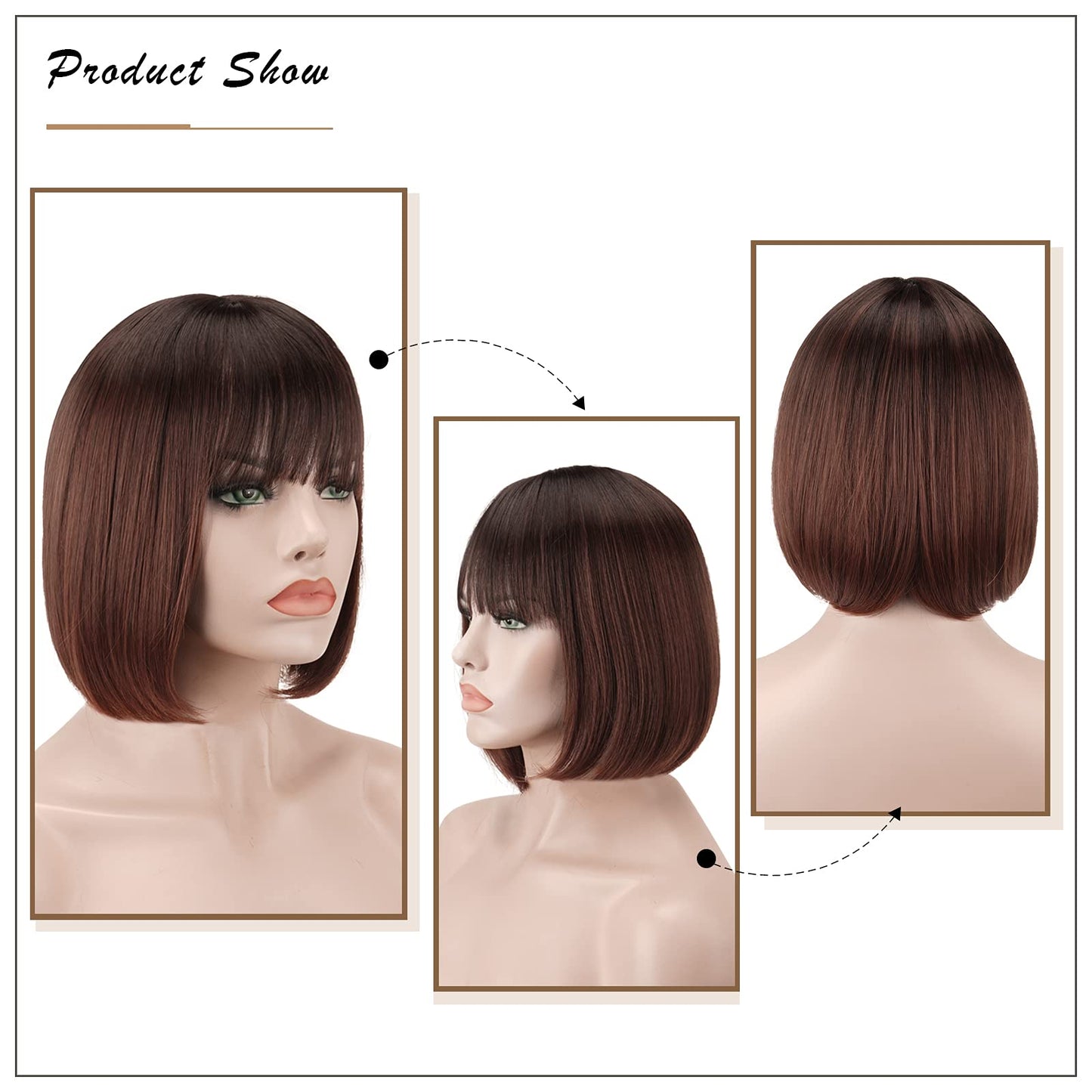 SOFEIYAN Short Straight Bob Wigs with Bangs 11 inch Synthetic Daily Party Cosplay Hair Wig for Black Women, Ombre Auburn