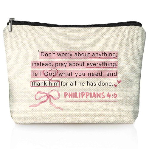 LIANGW Pink Christian Makeup Bag & Travel Pouches for Toiletries, Bible Verse Pink Bow Cosmetic Bag for Women, Christian Gifts for Women, Religious Scripture Small Toiletry Bags Zipper Makeup Pouch