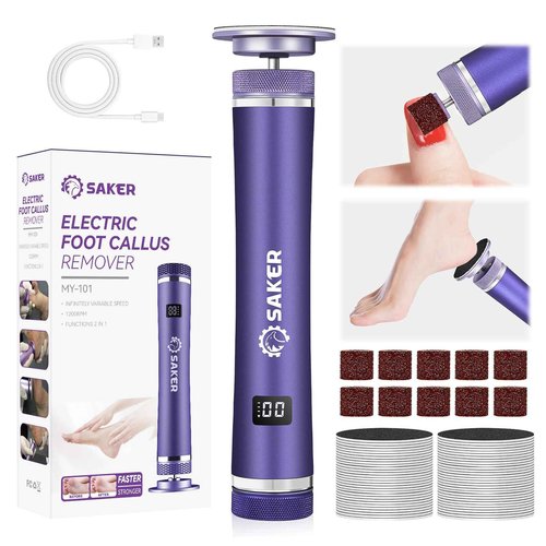 Saker Electric Foot Callus Remover, Electric Foot File Nail Grinder 2 in 1, Rechargeable Pedicure Tools for Feet with 60+10PCS Sandpaper & 12 Adjustable Speeds for Men Women Dead Dry Skin Calluses