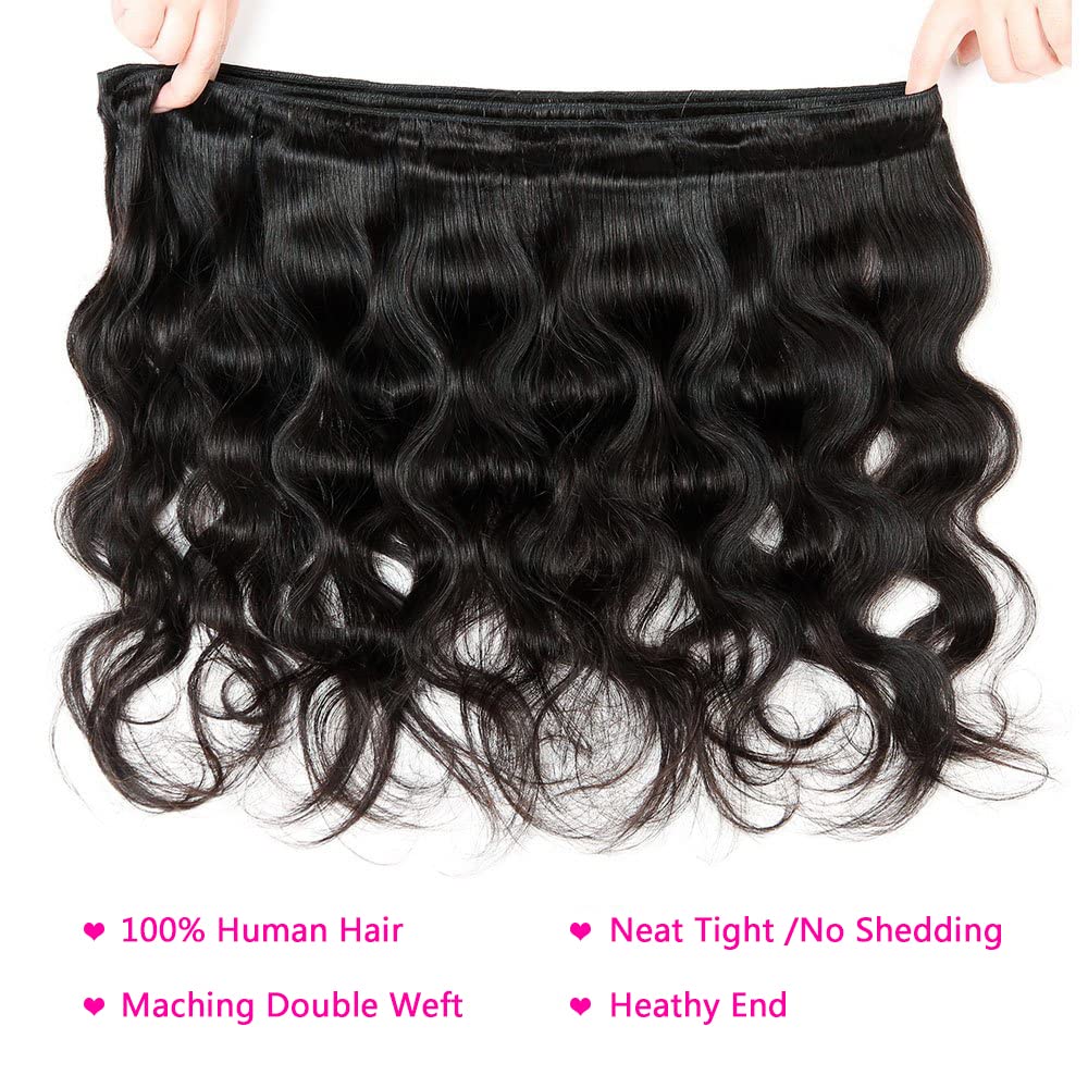 Selina Brazilian Body Wave Hair 3 Bundles With Free Part Closure Brazilian Virgin Human Hair 12A 100% Unprocessed Brazilian Hair Lace Closure Natural Black (16"18" 20"with 14" Closure, Body 3+1)