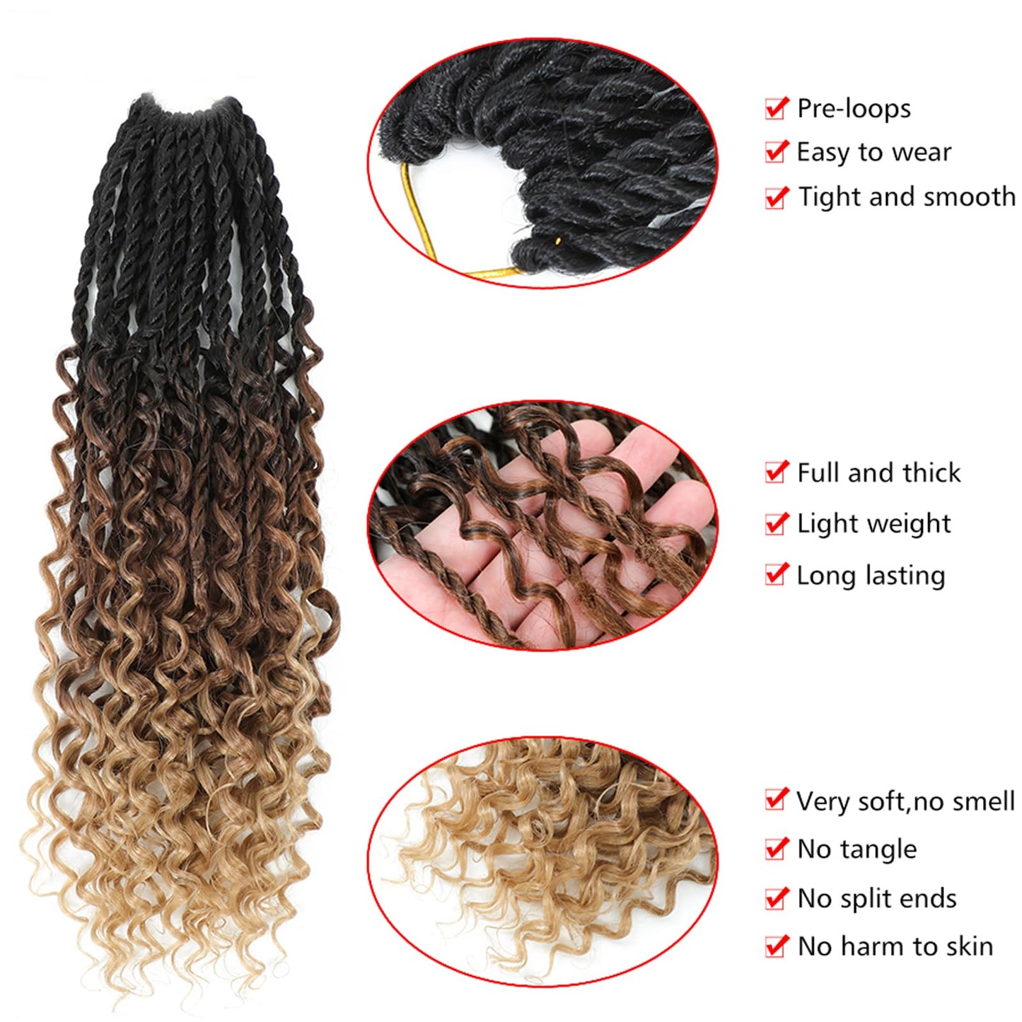 Goddess Twist Braids Crochet Hair With Curly Ends Senegalese Twist Braids Crochet Braids 6 Packs black brown light brown Crochet Braids Synthetic Braiding Hair Extension for Black Women (18inch, 53#)