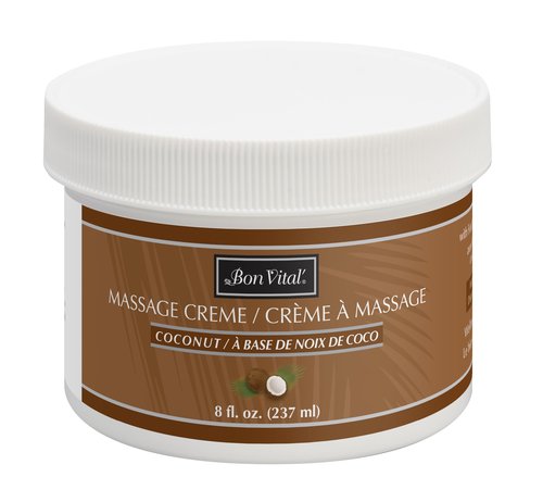 Bon Vital' Coconut Massage Creme Made with 100% Pure Fractionated Coconut Oil, Moisturizer to Repair Dry Skin, No Greasy Feel, Anti-Aging Cream for Professional Massage, 8 Ounces (Packaging May Vary)