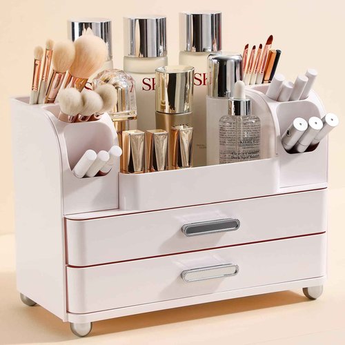 Anyoifax Makeup Organizer Countertop with Large Drawers, Vanity Organizer with Brush Holder, Skin Care Storage for Dresser, Perfume Organizer for Lotion, Lipsitck, Palette, All White