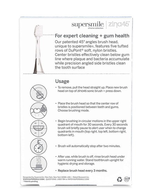 Supersmile Replacement Brush Heads for Zina45 Sonic Pulse Electric Toothbrush, Silver (Pack of 2)