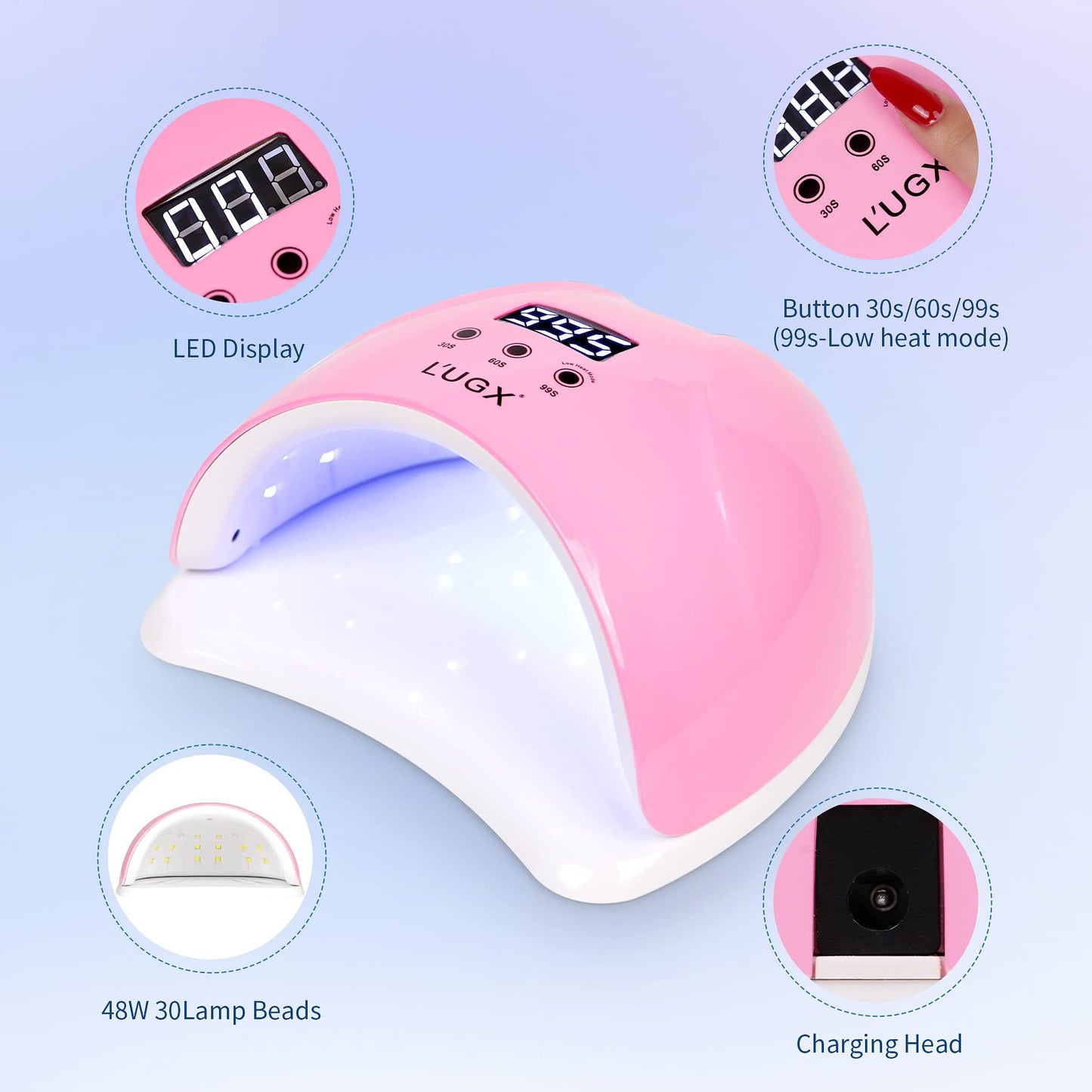 L'UGX 48W UV LED Nail Lamp Nail Dryer for Gel Polish with 3 Timer, Gel Nail Polish Curing UV Light, Perfect for Home Salon Use (White)