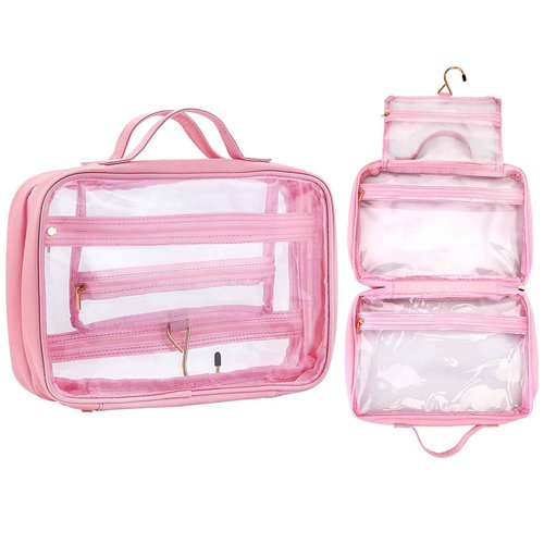 Greaciary Clear Toiletry bag with Hanging hook,Water-resistant cosmetic makeup bag transparent Organizer for women men,Carry on Travel accessories essentials,Pink (Pink)