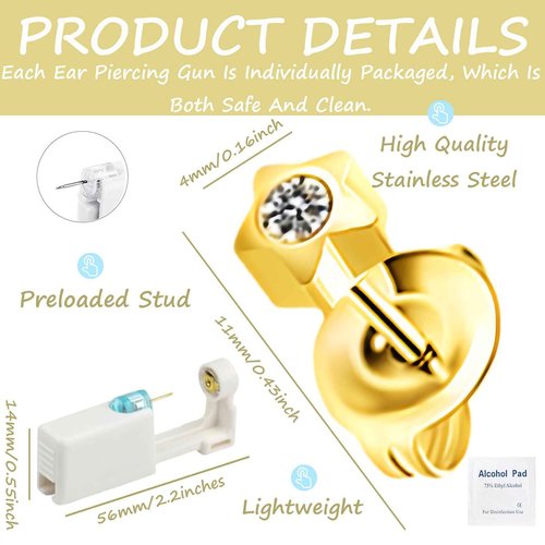 orilace 2Pcs Ear Piercing Kit - Self Disposable Piercing Gun Built-In Earring Stud Pain Relief at Home Piercer Kit Ease of Use Convenient Safe Operate 4mm (Star)