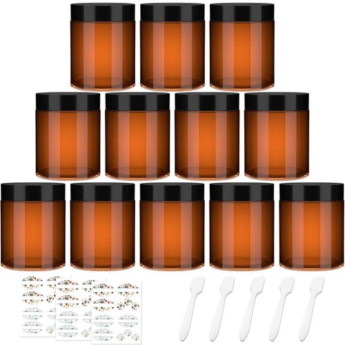 Waymind 12 Pack 8 oz Amber Round Glass Jars, 240 g Empty Cosmetic Containers with Inner Liners, Black Plastics Lids Glass Jars with Lables for Cosmetics, Face Cream, Lotion, Ointments and DIY Candle