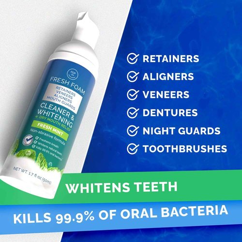 Aligner & Retainer Cleaner Foam – Dry Mouth Relief, Compatible with Invisalign, Aligners, Retainers, Mouth Guards, Night Guards, Veneers, Whitens, Freshens, 3% Hydrogen Peroxide, Mint - 50ml, 2 PC
