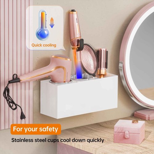 YUNEASELF Hair Tool Organizer Acrylic: Hair Dryer Holder Wall Mount - Blow Dryer Holder Cabinet Door - Bathroom Countertop Organizer for Curling iron Hot Styling Tools Flat Iron - White
