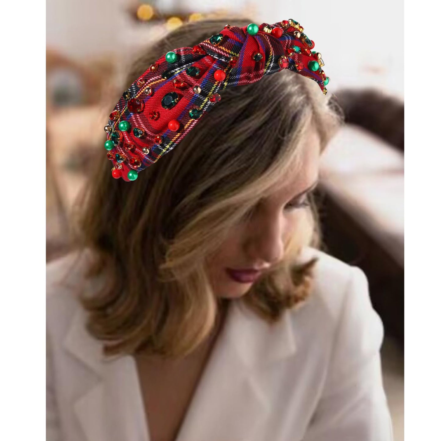 NVENF Christmas Headband for Women Jeweled Xmas Plaid Headband Embellished Crystal Pearl Knotted Headbands Wide Top Knot Holiday Headband Christmas Hair Accessories Holiday Outfits Gifts (Red 2)