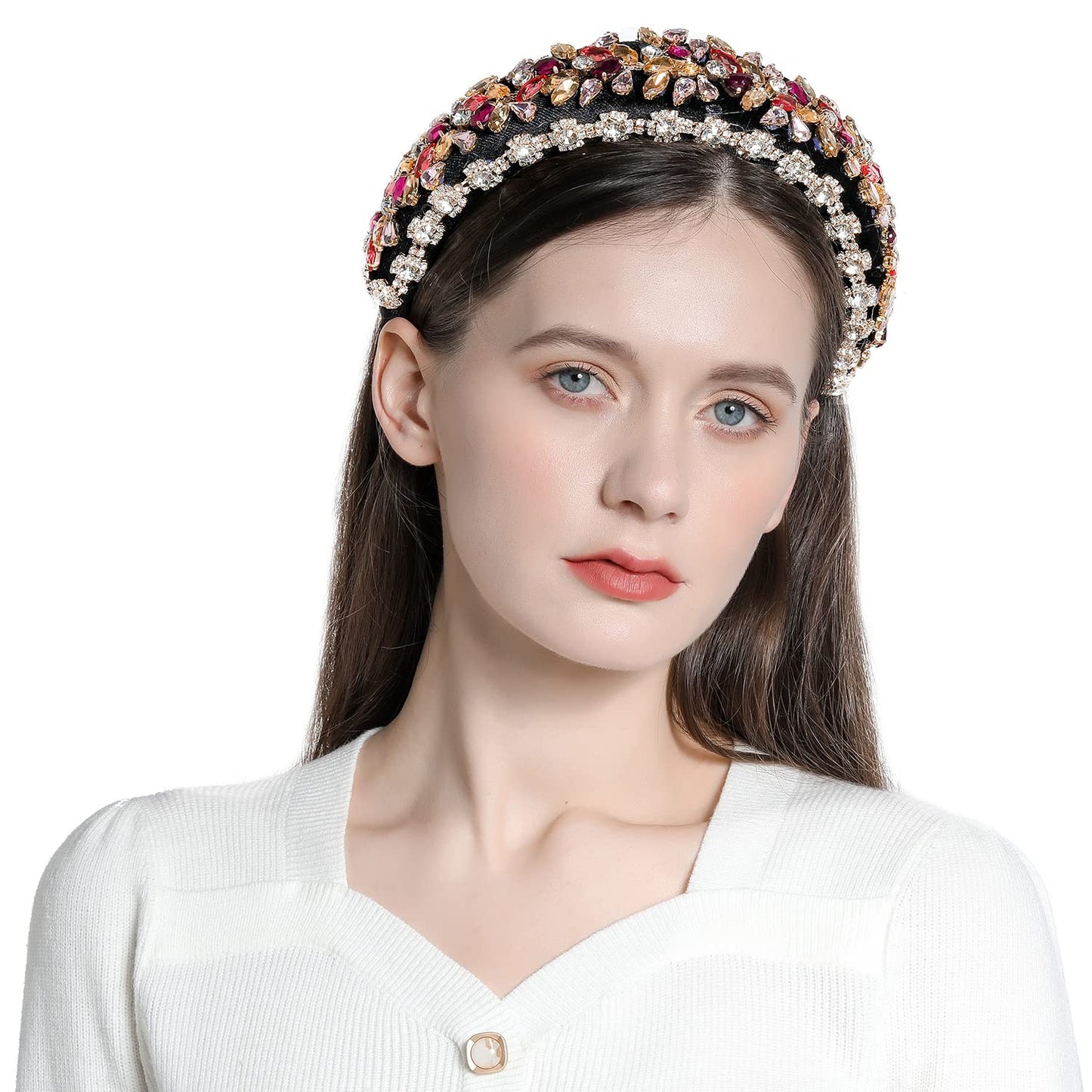 QIANXUAN Crystal Rhinestone Headbands For Women White Pearl Headbands For Girls Padded Headband Black Velvet Jewelry Chain Hairband Handmade Pearly Flower Retro Filling Diamond Hair Accessories (Rhinestones Headband-98)