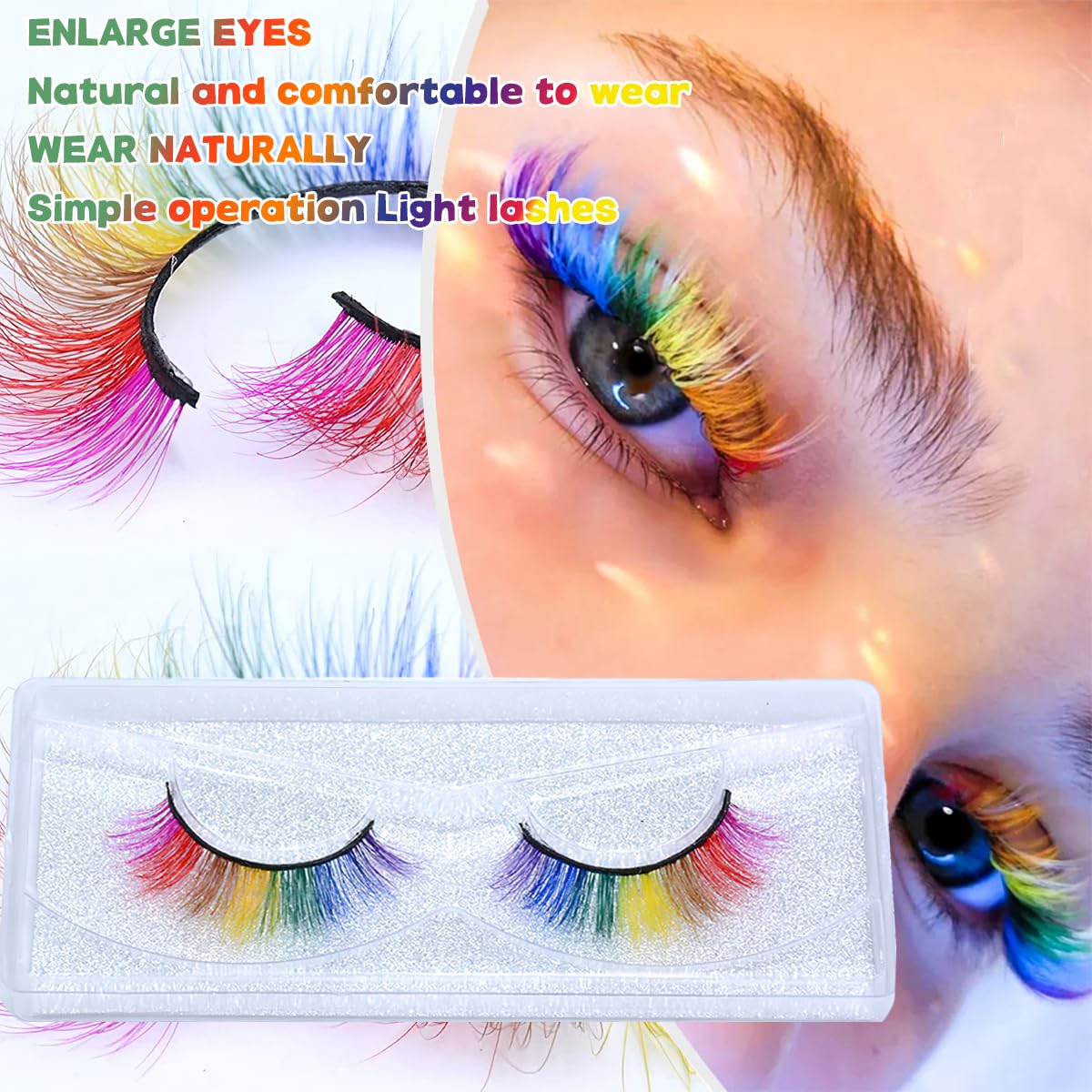 2Pairs Rainbow Eyelashes Colored Lashes Cateye Eyelashes Fluffy Wispy Fake Lashes 3D Natural Look Synthetic Eye Lashes Extension for LGBT Gay Pride Day Halloween Cosplay Party Makeup Tools