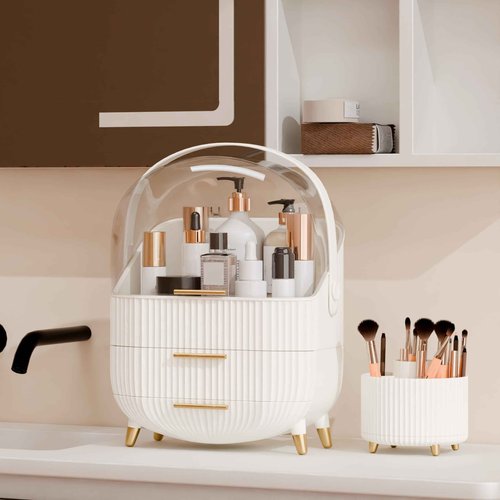 lurcns Makeup Organizers and Storage Make up Organizer for Vanity Cosmetics Skincare With Lid and Drawers Display Cases for Countertop Bathroom Women Teenager Girl Gifts(White+Brush Holder)
