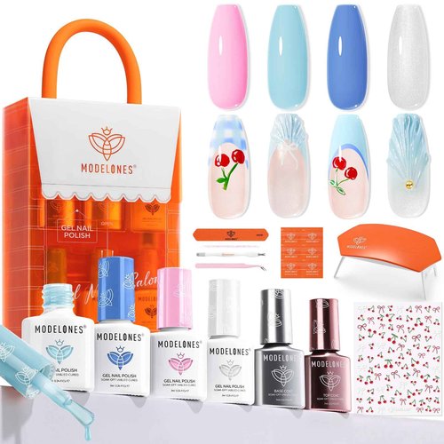 modelones Gel Nail Polish Kit with U V Light, Pearl White Glitter Baby Blue Light Pink Sky Blue Manicure Set with Cherry Stickers, Base Top Coat, 4 Colors Gel Mini Salon Starter Winter Christmas Gift