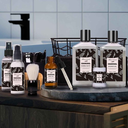 Father Day Gift for Men Spa Gifts for Men, Charcoal Bath and Body Gift Set for Men, 10 Pcs Spa Kits Ideal Birthday, Christmas. Men's Relaxation Bath Baskets, Self Care Kit