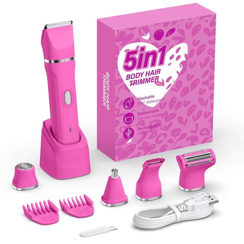 HOHOLE 5-in-1 Bikini Trimmer for Women, IPX7 Waterproof Electric Razors Shaver, Cordless Body Hair Trimmer, Facial & Pubic Hair Removal, Ceramic Blade (Magenta)
