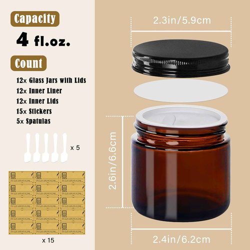 TENLIG 4 oz Glass Jars with Lids,Amber,12 Pack Empty Cosmetic Containers with Inner lids and Inner Liners,Black Metal Lids,Refillable Round Airtight Jars,Use to store Lotion,Powders,Candle Making