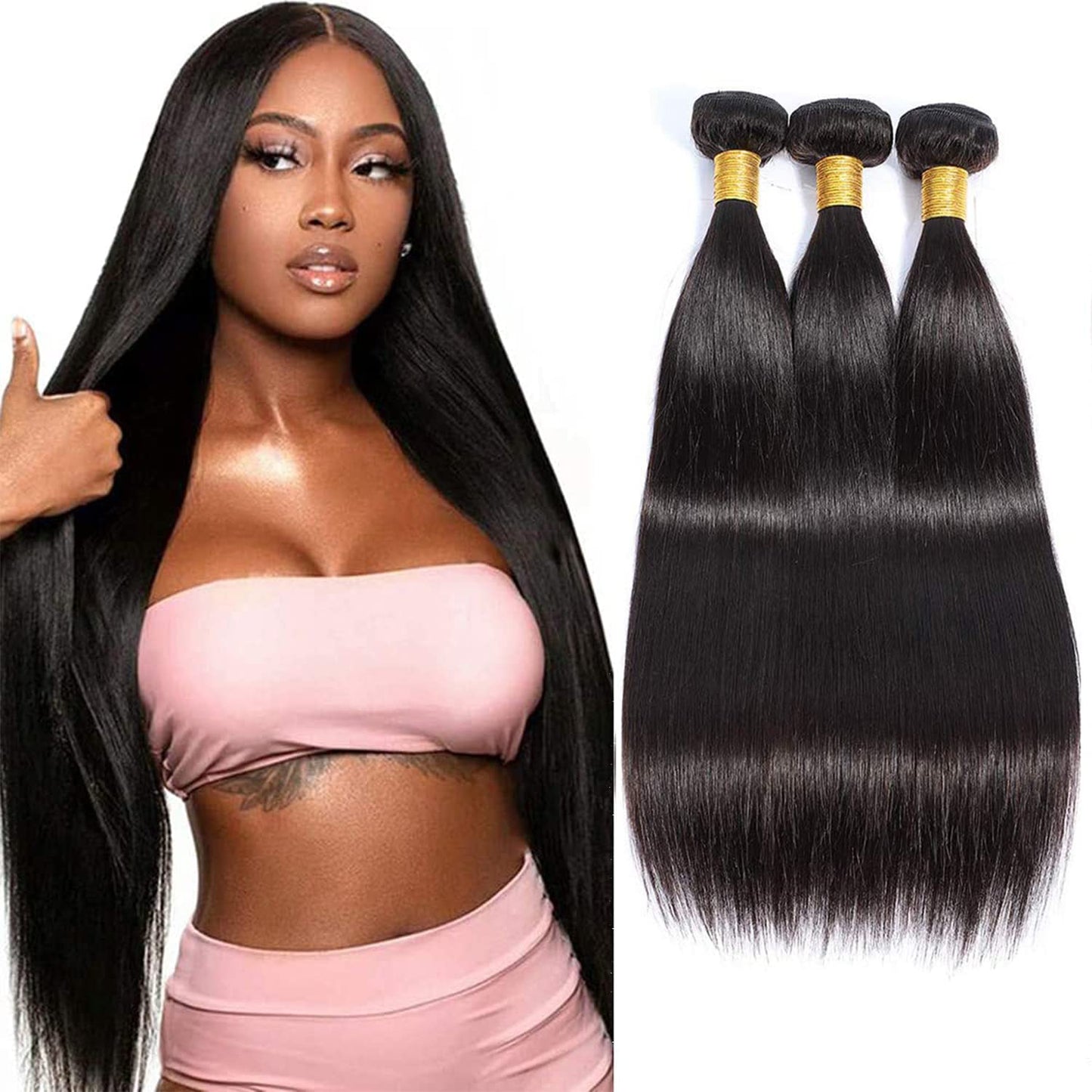 Selina Brazilian Virgin Hair Straight 12 14 16Inch (100g/3.52Oz,Natural Black Color) Human Hair Weave 100% Unprocessed Human Hair Bundles Straight Remy Hair Extensions (12" 14" 16", Straight)