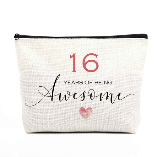 Fkovcdy 16th Birthday Makeup Bag for Girls - Inspirational Sweet 16 Gift for Daughter, Niece - Happy Birthday Decorations - 16 Years of Being Awesome