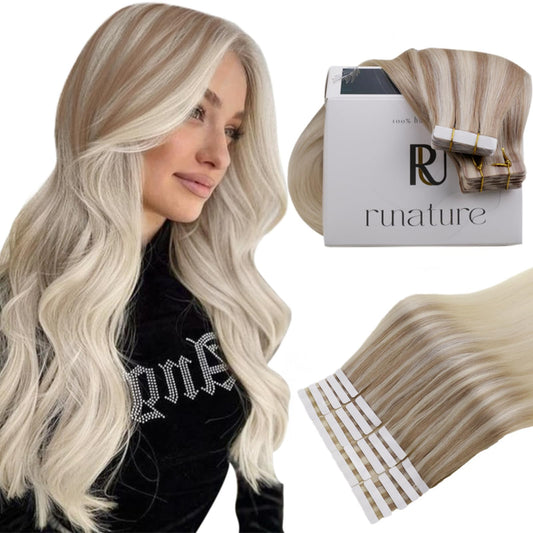 RUNATURE Balayage Tape in Hair Extensions Human Hair Blonde Real Hair Tape in Extensions Ombre Ash Blonde Fading to Light Brown with Platinum Blonde PU Tape in Human Hair Extensions 12 Inch 50g 20pcs