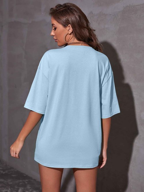 Verdusa Women's Graphic Shirt Oversized Cute Short Sleeve Tops Casual Loose Drop Shoulder Tee Light Blue X-Small