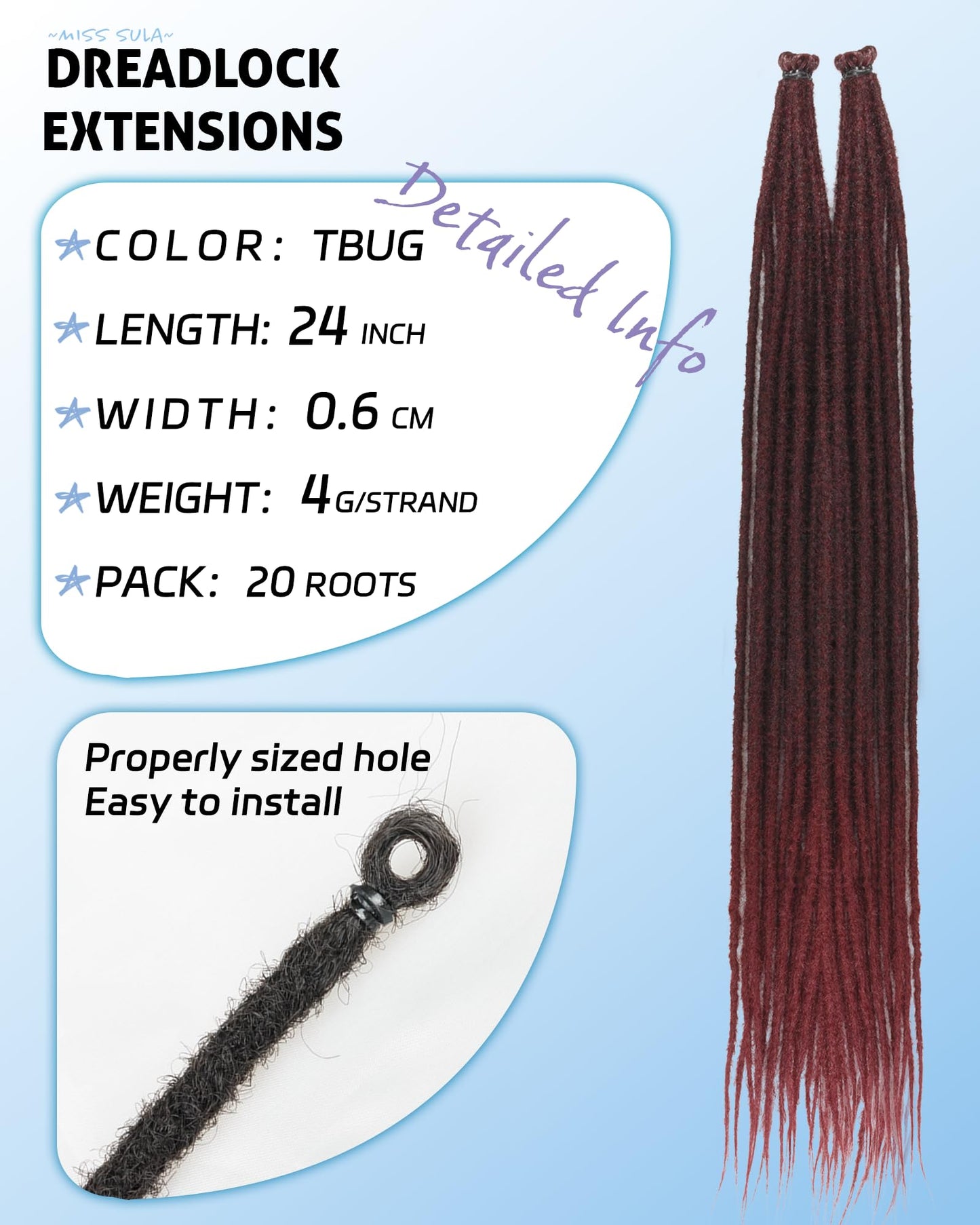 24 Inch Dreadlock Extensions 0.6 cm Width 20 Strands-Burgundy.Soft Hippie SE Dreads Synthetic Loc Extensions for Women and Men(24"-2 Packs,Bug#)