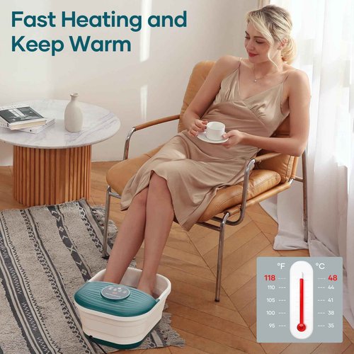 CURECURE Collapsible Foot Spa Bath Massager with Heat, Bubble and Timer, 95-118℉ Adjustable Temperature Fast Heating with Pedicure Stone and Massage Rollers for Feet Stress Relief at Home