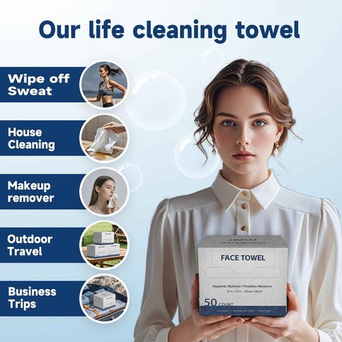 Face Towels, 10” x 12”, Thick Soft and Absorbent, Face Towelettes Disposable Biodegradable for Sensitive Skin, Makeup Remover, Travel, Cleansing, 150 Count（ 3 PACK ）