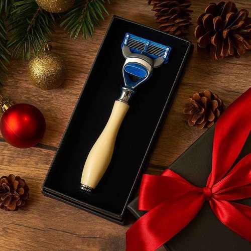 GENTS Men’s Shaving Kit - 5 Blade Fusion Compatible Razor with Faux Ivory Handle, Sandalwood Shave Cream, Leather Case & Refill Cartridge - Premium Gift Set for Men