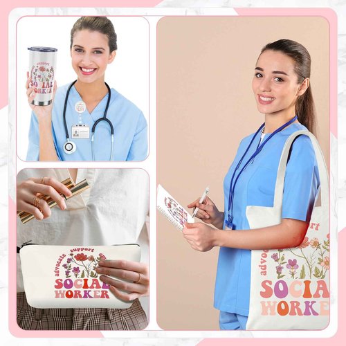 Jiytivity 7 Pcs Social Worker Gifts Set for Women Include Canvas Bag Cosmetic Bag 20 oz Thermos Cup Keychain Badge Holder Notebook Pen for Volunteers School Social Worker Gift