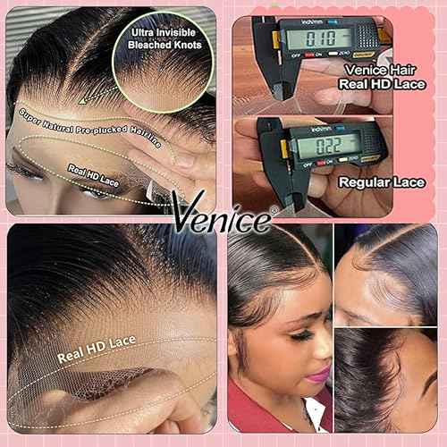 Venice Hair Real HD Lace Closure only 0.10mm Ultra-thin Invisible Crystal HD Lace Pre Plucked with Baby Hair Straight Human Hair Lace Frontal Closure (7x7 HD Body, 18 Inch)