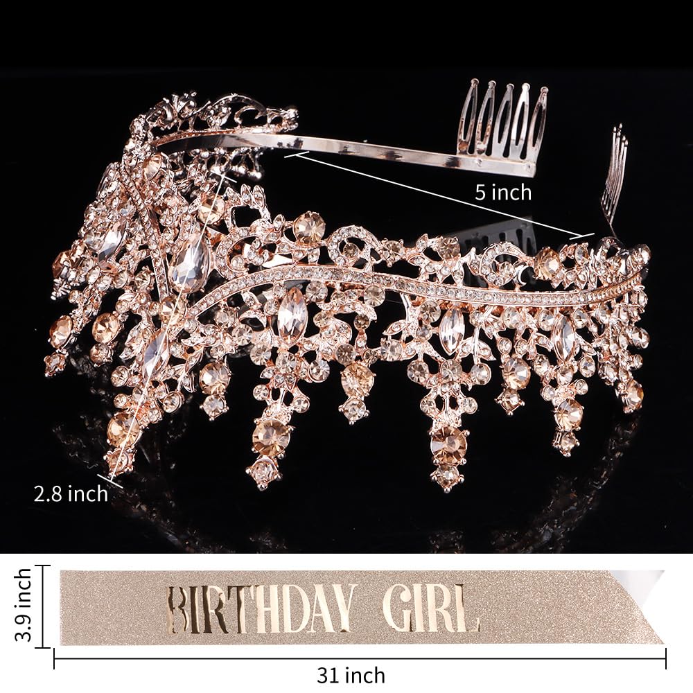 ATODEN Birthday Girl Sash Tiara Queen Crown Tiaras and Crowns for Women Girls Rose Gold Crystal Princess Tiara Rhinestone Headbands Quinceanera Crown Headpieces Happy Birthday Decorations Accessories