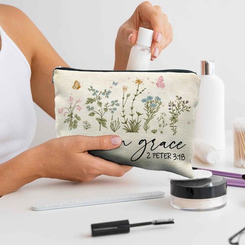 RYYCDOI Christian Floral Makeup Bag Pouch, Grow in Grace 2 Peter 3:18, Religious Christian Gifts for Women, Bible Verse Gifts, Bible Verse Cosmetic bag