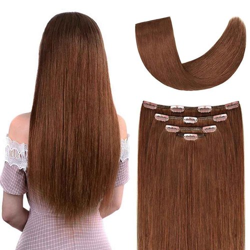 16" Clip in Hair Extensions Remy Human Hair for Women - Silky Straight Human Hair Clip on Extensions Medium Auburn 55grams 4pieces #30 Color