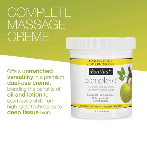 Bon Vital Complete Massage Creme, 14oz Jar, Unscented Non-Greasy Cream with Marula, Olive & Jojoba Oils, Hypoallergenic Moisturizer for Professional or Home Use, Premium Dual-Purpose, Massage Therapy