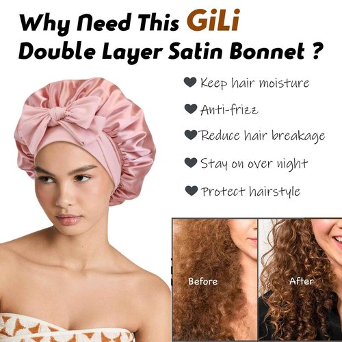 Double Layer Satin Silk Hair Bonnet for Sleeping Women Reversible Adjustable Bonnet with Tie Band for Curly Natural Braids Hair - Blush Pink